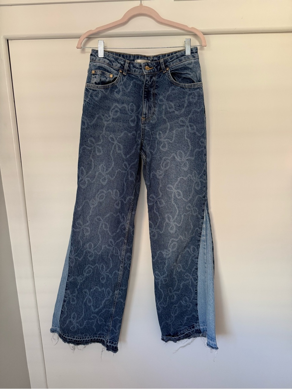 LoveShackFancy Ambrina Bow Print Wide Leg Jeans